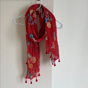 American Eagle Outfitters Red Floral Scarf with Tassels